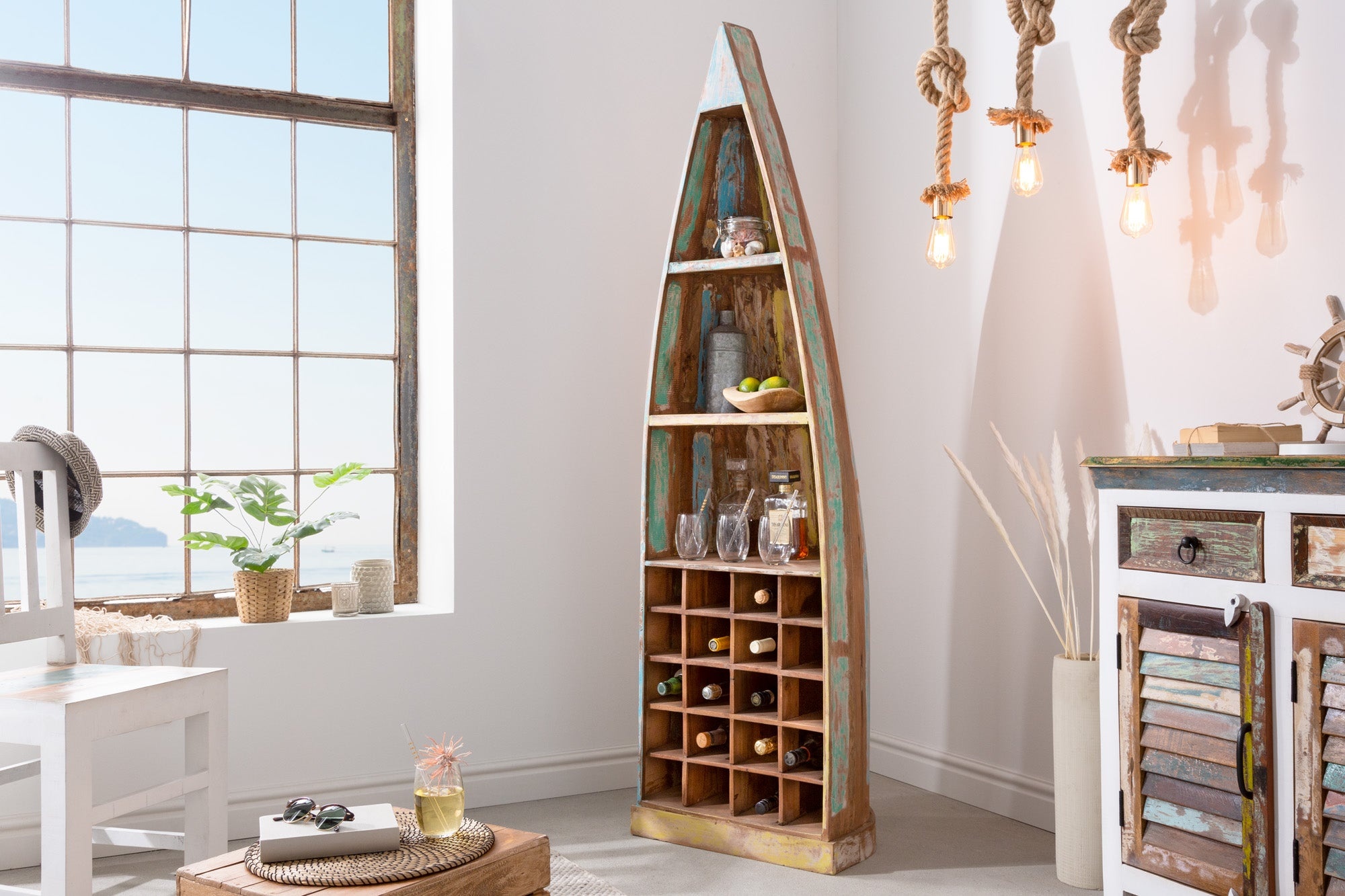 Stevige Boot Plank JAKARTA 190cm Kleurrijk Mango Hout Gemaakt van Gerecycleerde Vissersboten Wijnrek - 36358