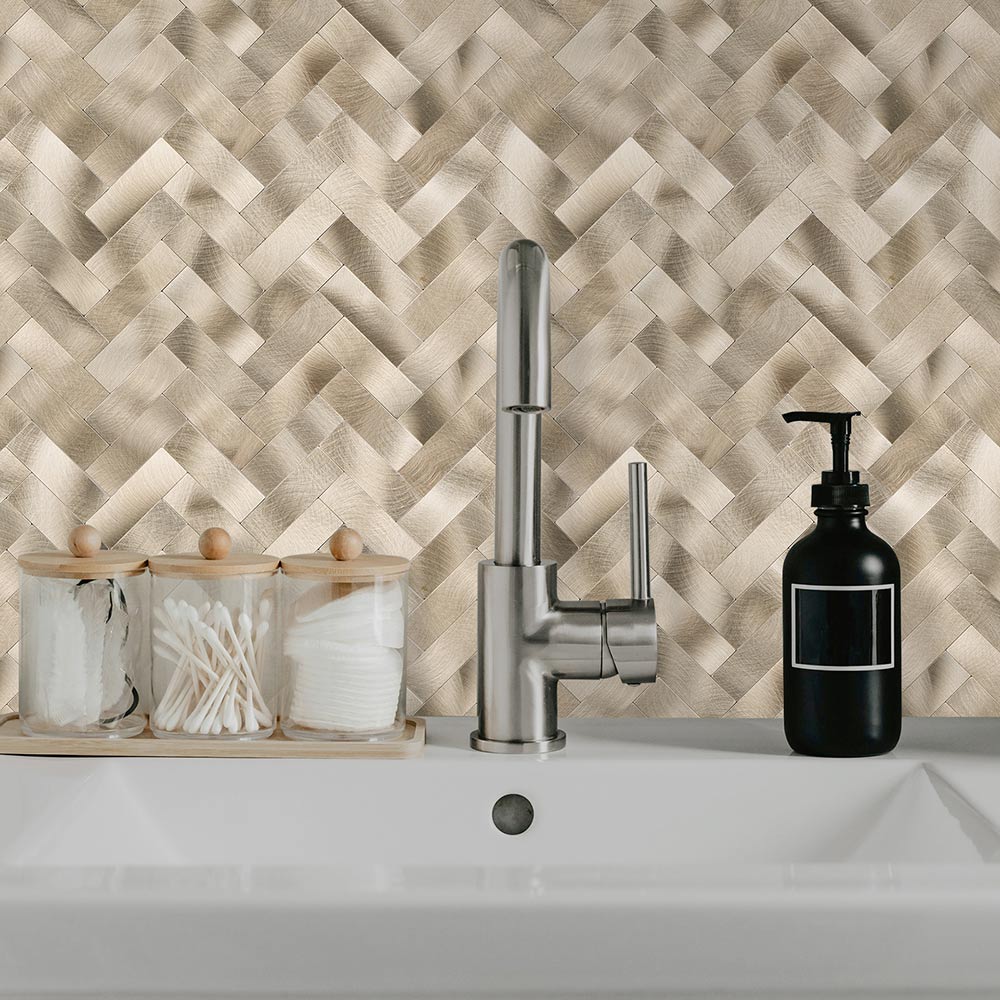 Zelfklevend Mozaiek Visgraat Goud - 25.5 cm x 31.8 cm x 0.40 cm | 0.5 kg | Paneli zelfklevende steenstrips - Afbeelding 3