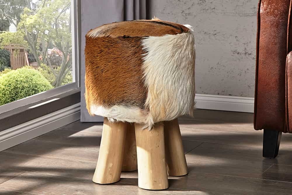 Design kruk HIDE 45cm bruin wit met geitenleer en teak - 35441
