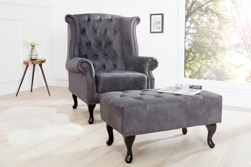 Elegante Chesterfield voetenbank antiekgrijs met knoopstiksel en klinknagels - 37474