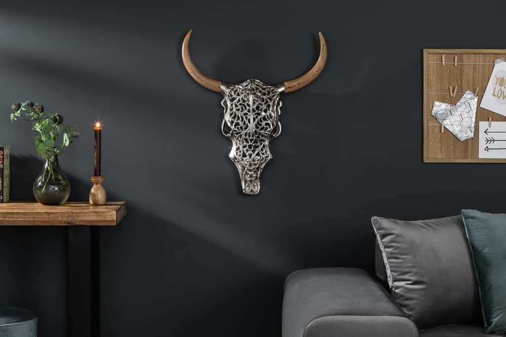 Extravagante wanddecoratie EXOTIC BULL 57cm zilveren mangohouten stierenkop - 39091
