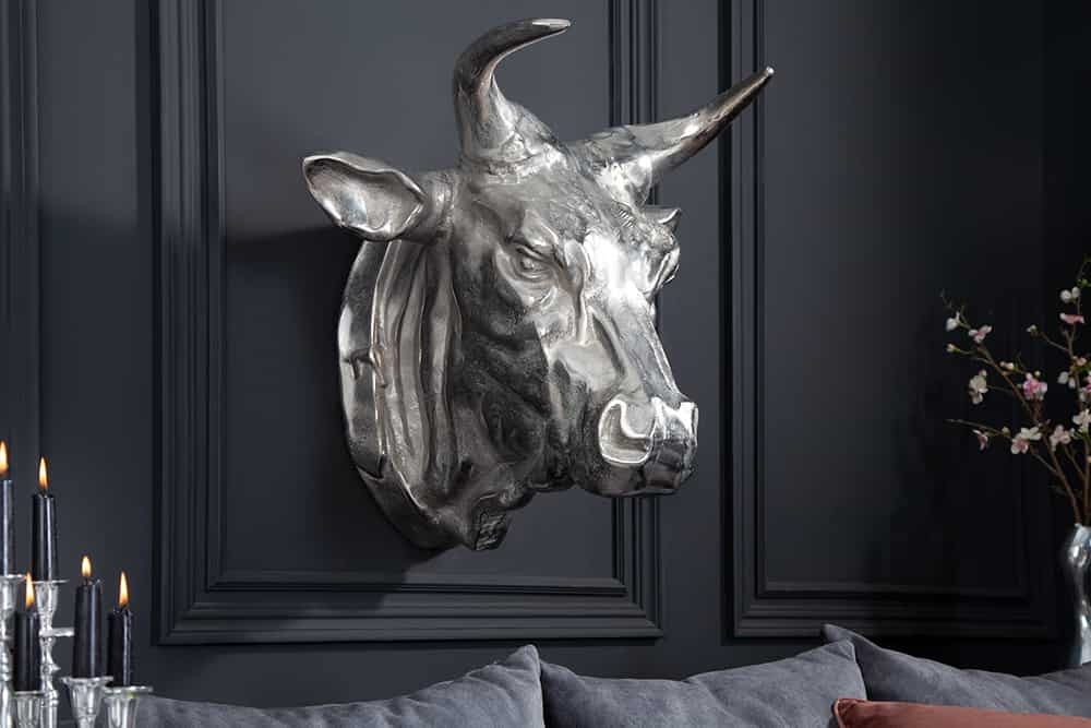 Extravagante wanddecoratie van een stierenkop TORERO 65cm zilveren decoratieve schedel - 17372