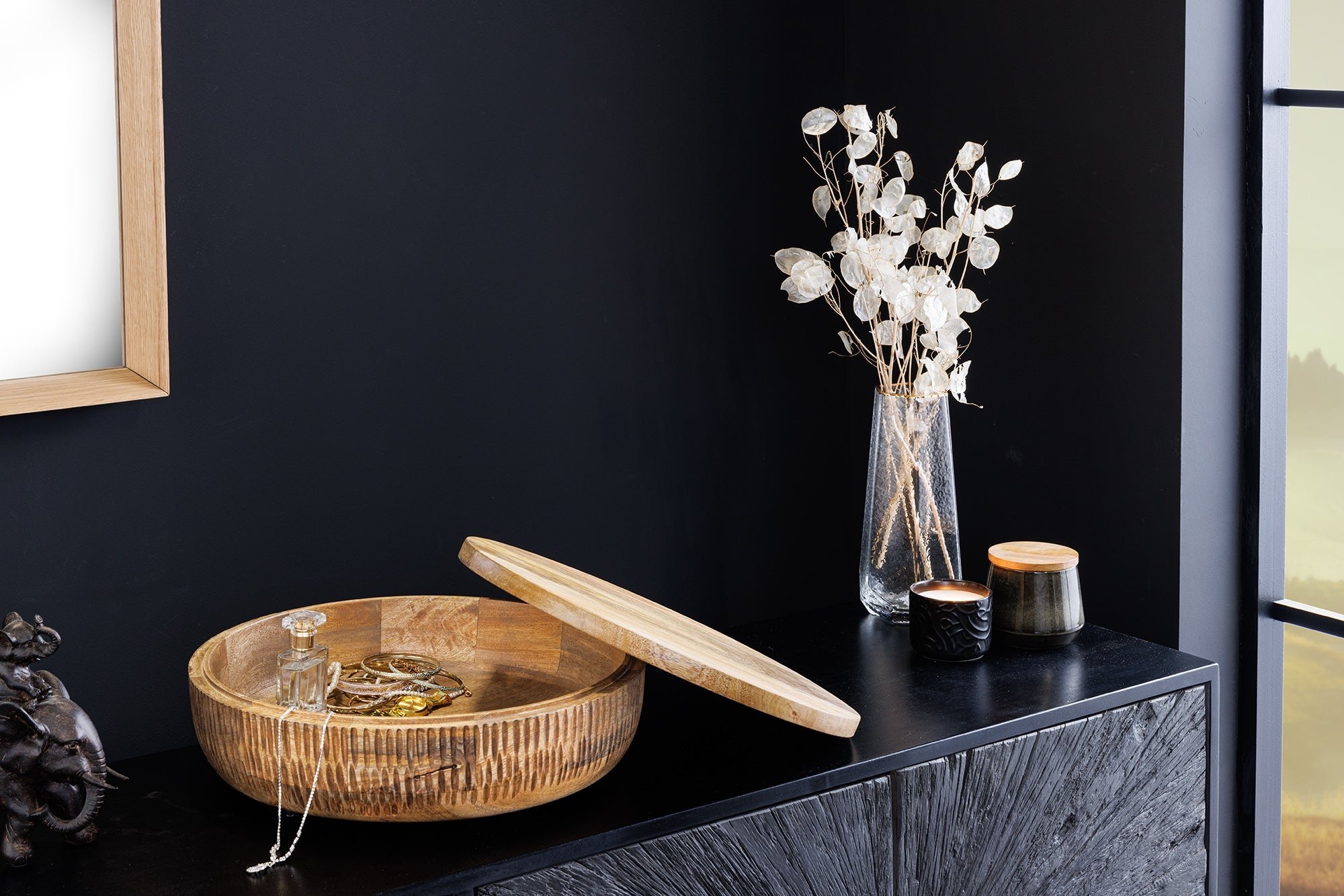 Handgemaakte Kom PUUR NATUUR 40cm Natuurlijk Mango Hout Rond met Deksel Sieradenblik - 44472