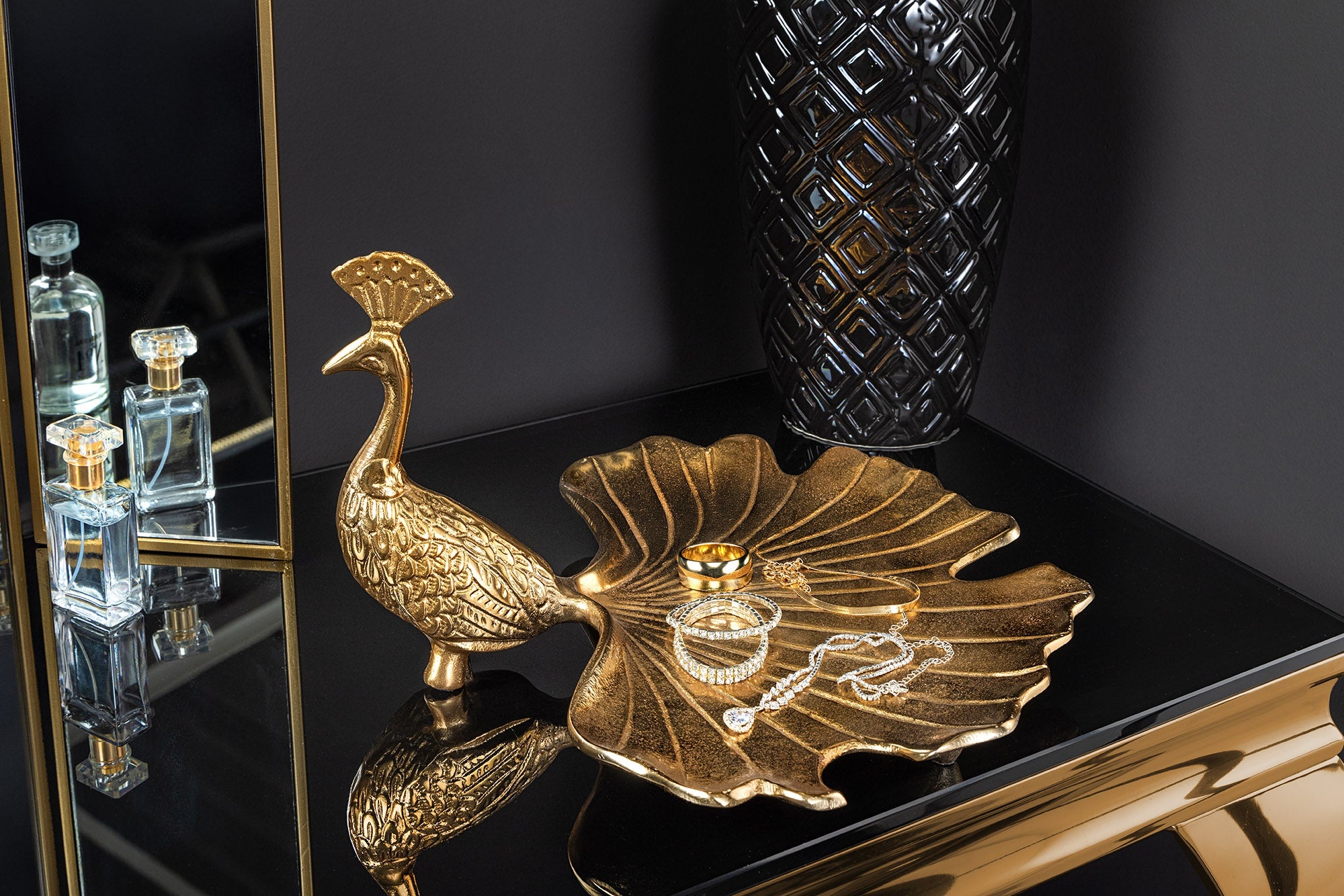 Handgemaakte serveerschaal WILDLIFE PEACOCK 40cm gouden metalen pauw sculptuur - 44894