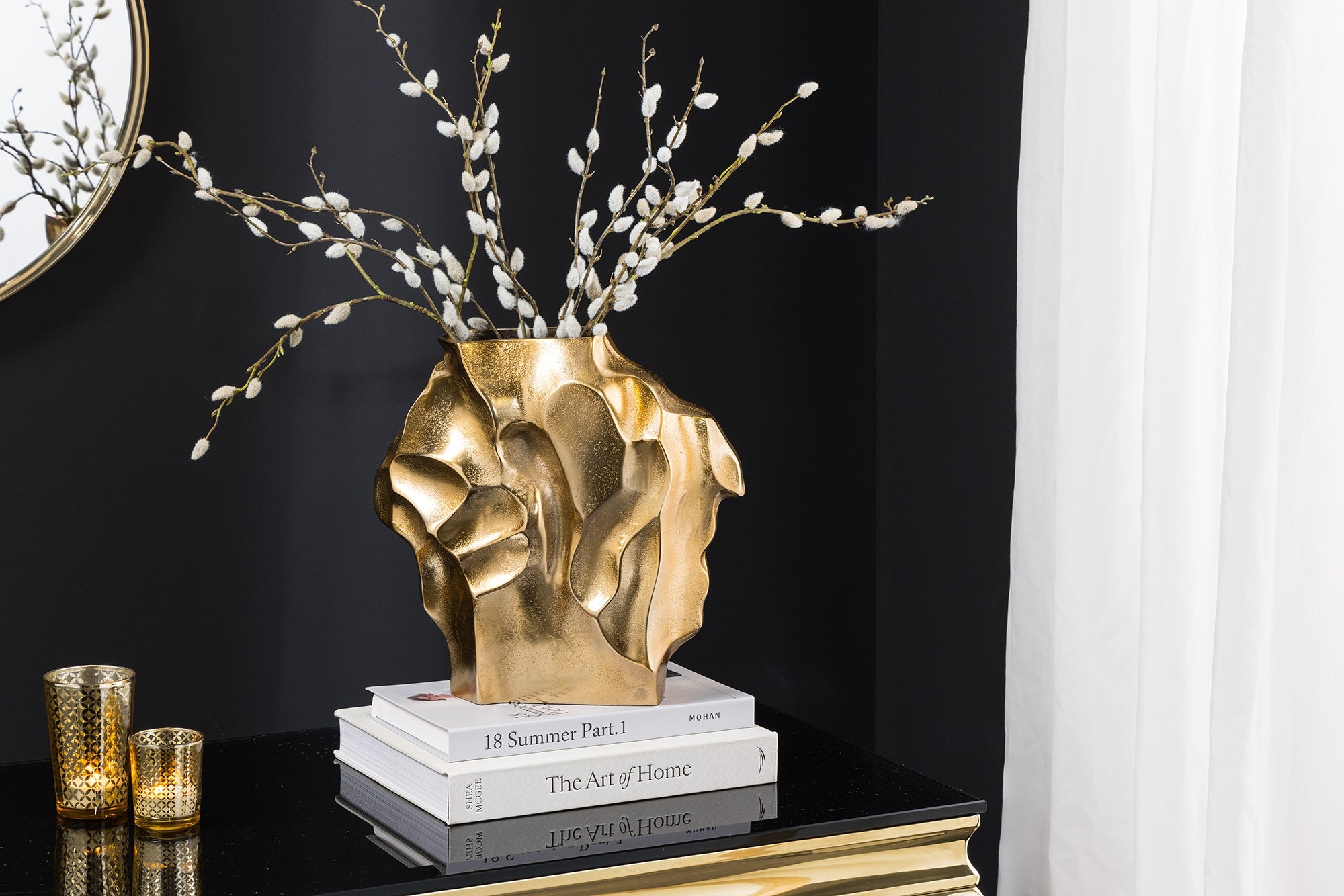 Handgemaakte vaas LIQUID 30cm goud metaal gehamerd design - 44876