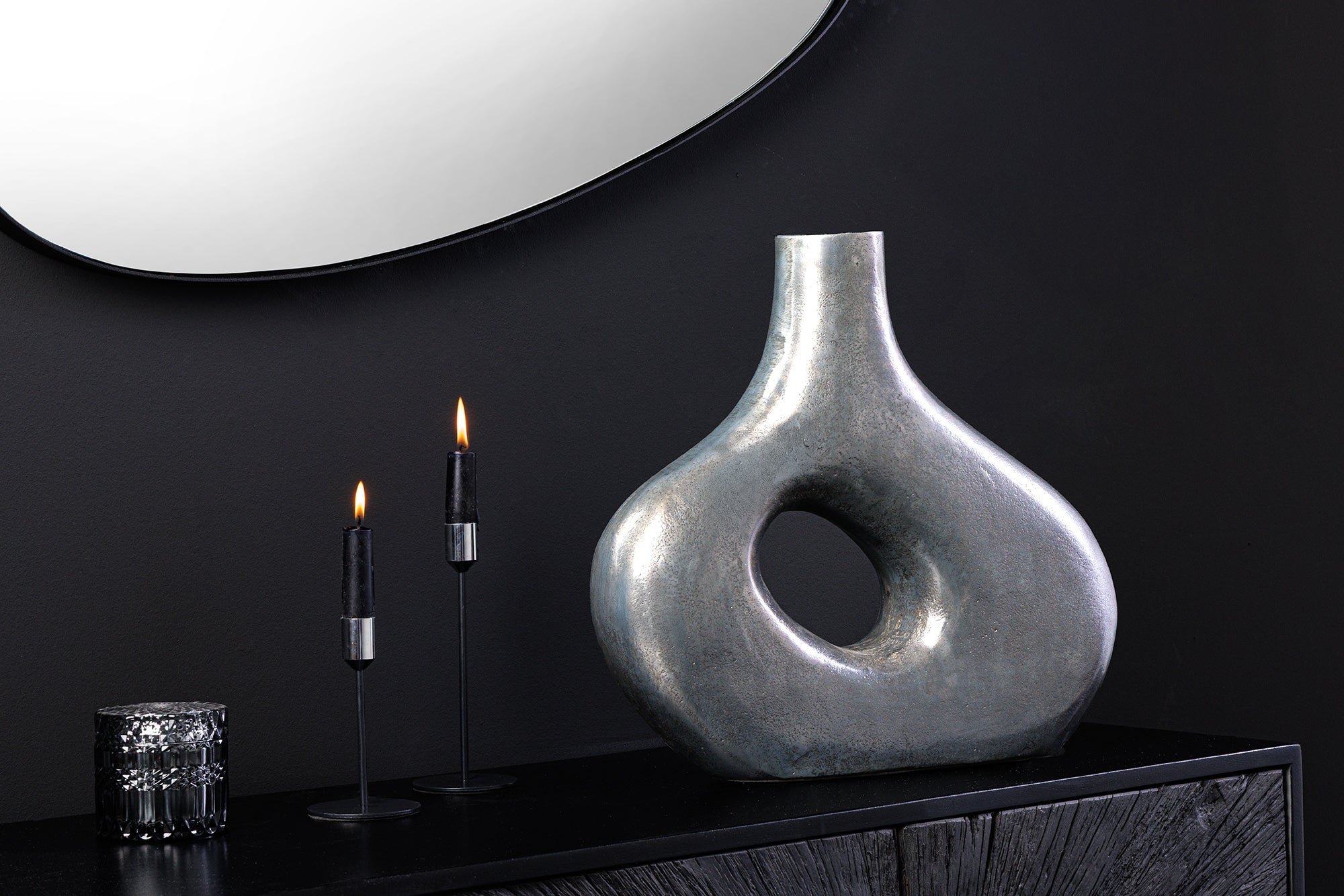 Handgemaakte vaas RING 30cm donkergrijs metalen decoratie bloemenvaas - 44864