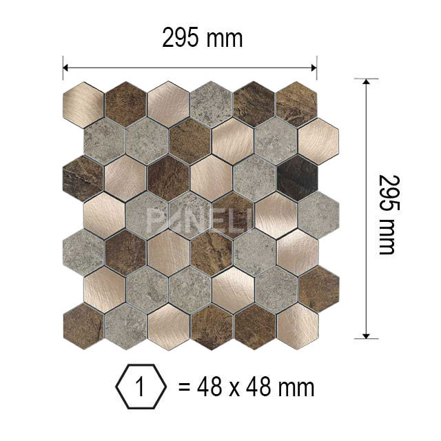 Zelfklevend Mozaiek Hexagon Koper V-Groef - 30.5 cm x 30.5 cm x 0.40 cm | 0.5 kg | Paneli zelfklevende steenstrips
