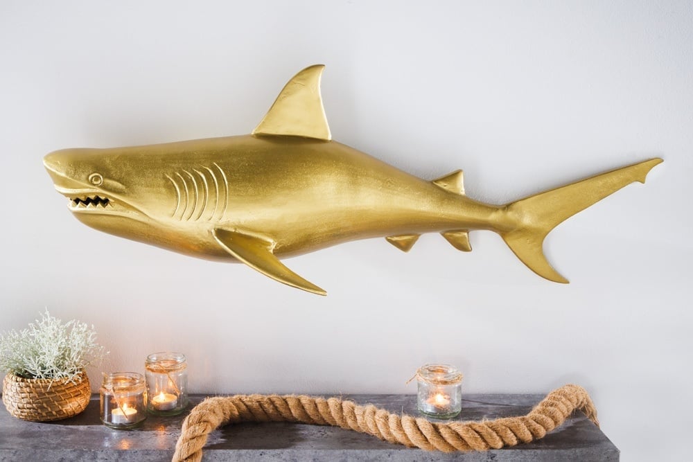 Maritieme wanddecoratie HAI 105cm goud links metalen handgemaakt haai design sculptuur - 43045