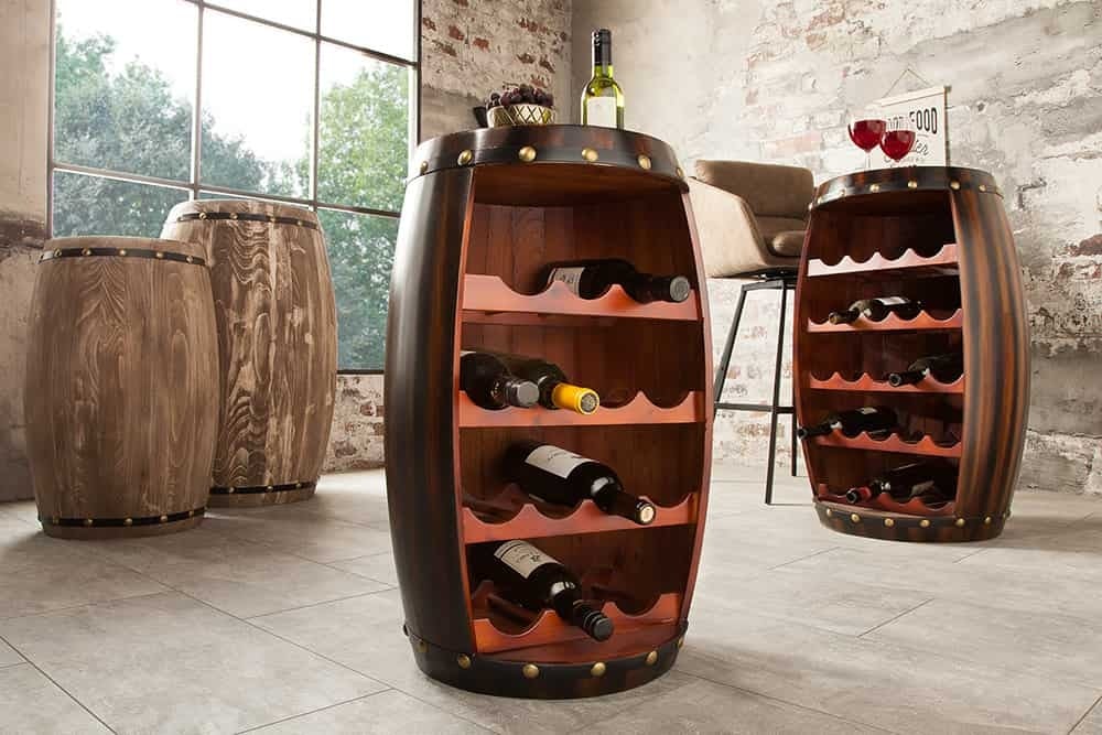 Massief wijnrek BODEGA 60cm koffiebruin grenen vat bartafel voor 14 flessen - 38963