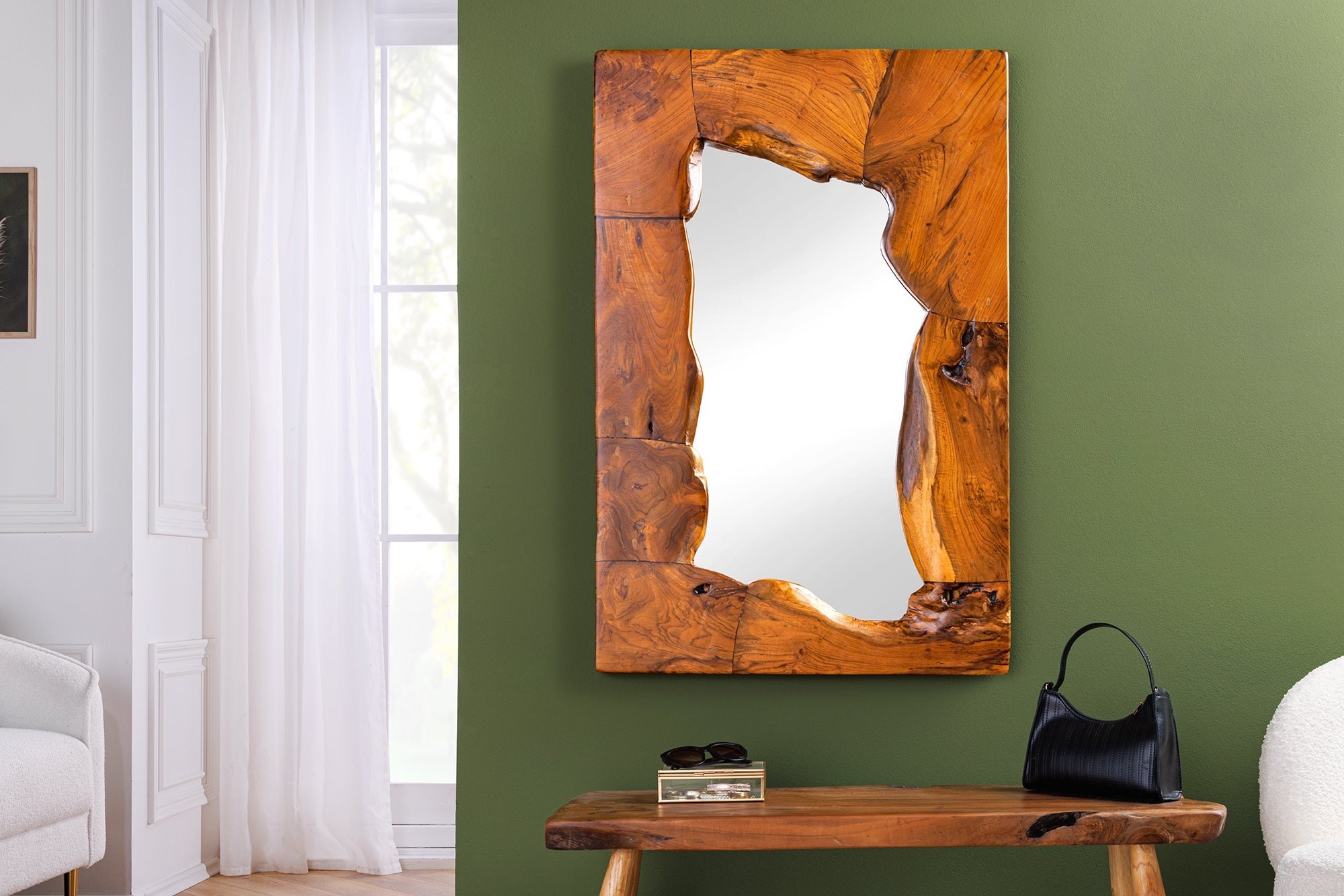 Massieve spiegel MOSAIK 90cm teakhouten vierkante boomstam handgemaakt - 44711