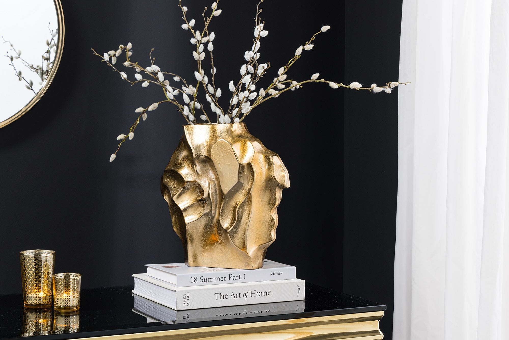 Handgemaakte vaas LIQUID 25cm goud metaal gehamerd design - 44878