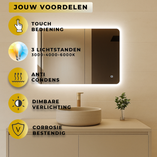 Badkamer Spiegel Misha 80x60CM | LED Verlichting V+A | Condensvrij | Dimbaar