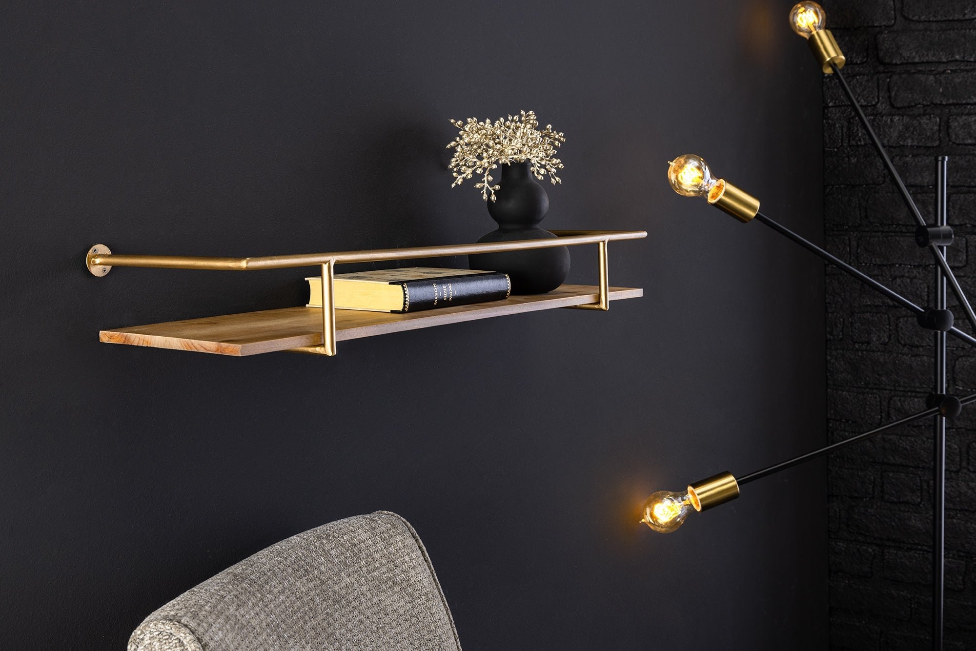 Massieve wandplank HERITAGE 75 cm naturel grenenhout goud metaal - 44478