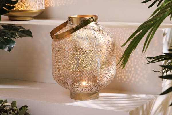 Deco lantaarn ORIENT 25cm goud metaal met patina handgemaakte lantaarn - 43832