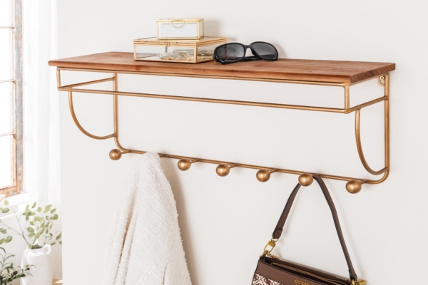 Decoratieve wandkapstok HERITAGE 80 cm naturel goud messing grenen metaal met plank - 44479