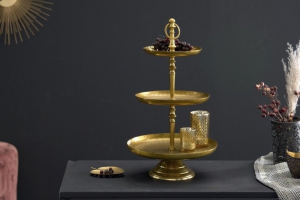Design taartplateau ORIENT 50cm goud in wildhammerafwerking met drie niveaus - 41533