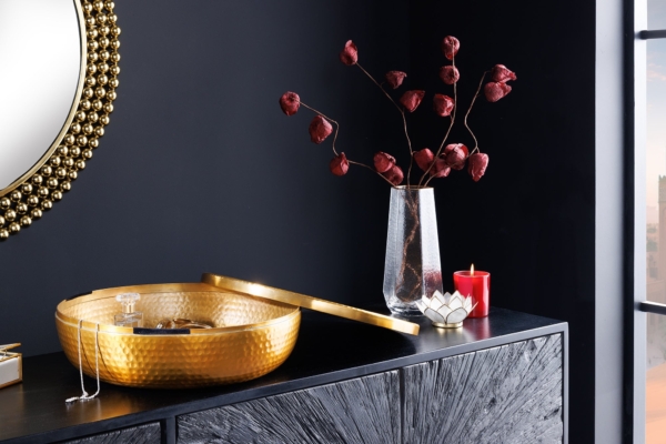 Handgemaakte schaal ORIENT 40cm goud metaal rond met deksel sieradenblik - 44473