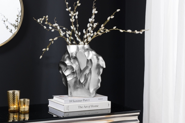 Handgemaakte vaas LIQUID 25cm zilver metaal gehamerd design - 44879