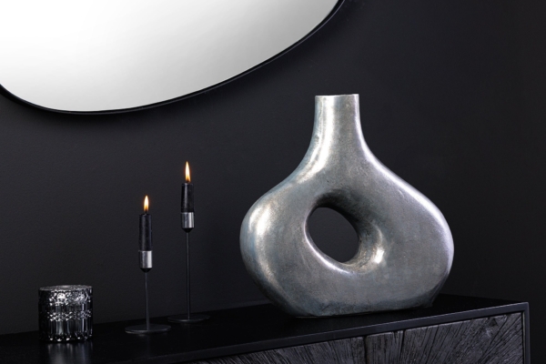 Handgemaakte vaas RING 30cm donkergrijs metalen decoratie bloemenvaas - 44864