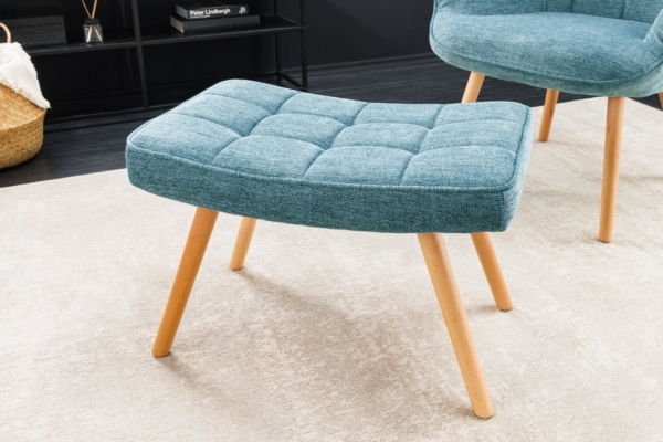 Moderne kruk SCANDINAVIA Blauwe getextureerde stof Massief houten poten voetenbank - 44030