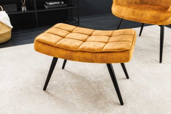 Moderne kruk SCANDINAVIA mosterdgeel fluweel zwarte metalen poten voetenbank - 44025