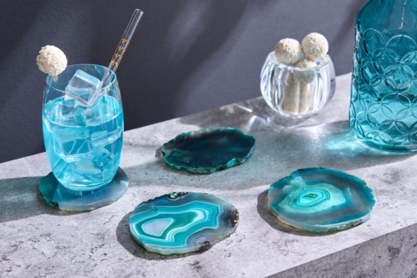 Set van 4 onderzetters voor glazen COASTER 10cm groene edelsteen agaatkwarts handgemaakt - 41557